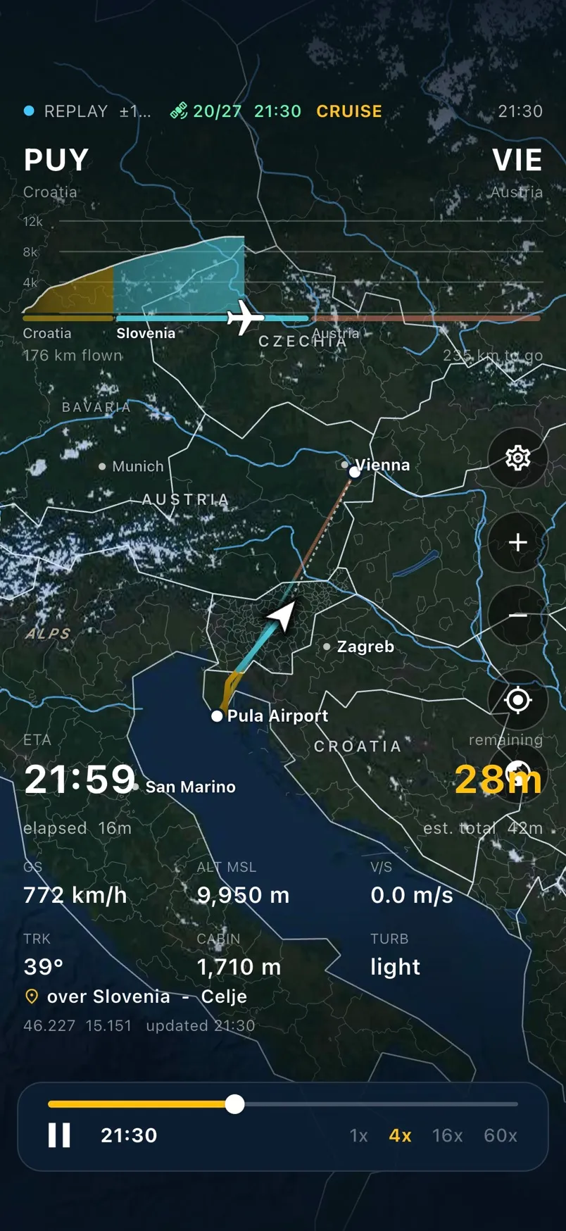 FlyETA replaying a Pula to Vienna flight, with the flown track, terrain, altitude and speed on one screen.