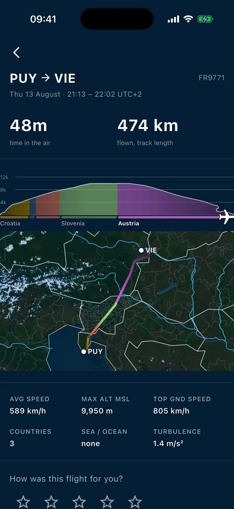 A recorded Pula to Vienna flight summary with 48 minutes in the air, 474 kilometres flown, an elevation profile and a map of the track.